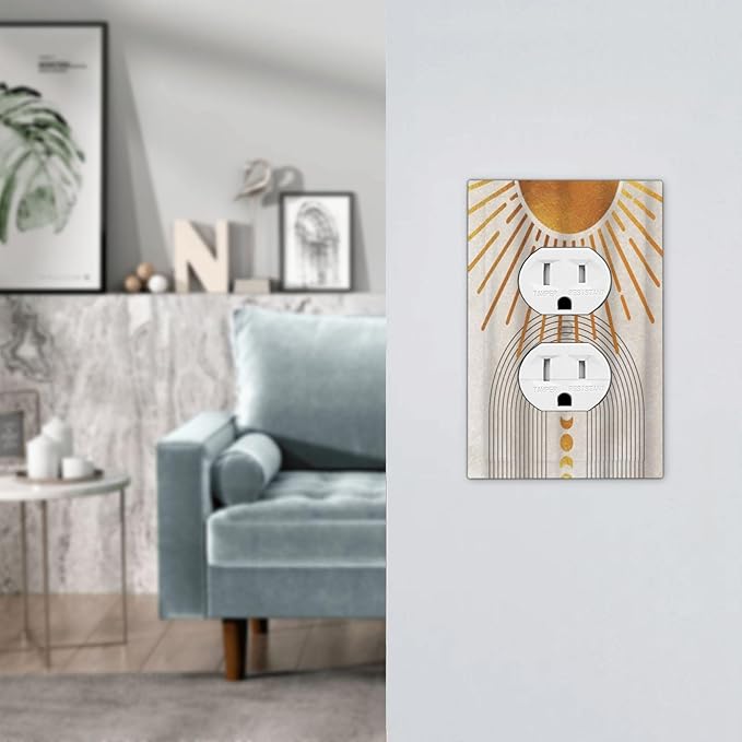 Mid Century Gold Sun Abstract Arch Boho Moon 1 Gang Outlet Plate Decorative Single Duplex Wall Plate Covers Unique Electrical Receptacle Light Switch Cover Art Faceplate Switchplate for Bedroom Decor