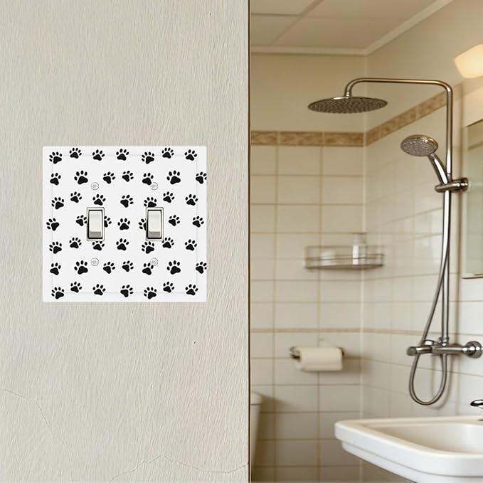 Black and White Dog Paw Print Double Toggle Switch Cover - 2-Gang Standard US Size Puppy Paws Pattern Light Switch Covers for Pet Lover's Home Decor