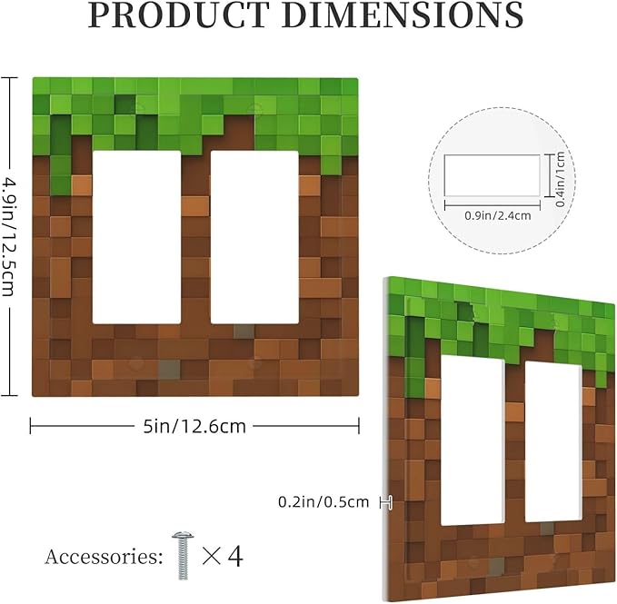 Pixel Style Gamer Themed Grass Block Decorative Outlet Covers 2 Gang Double GFCI Rocker Electrical Wall Panels Light Switch Cover Plate for Kids Room Office Home Decor
