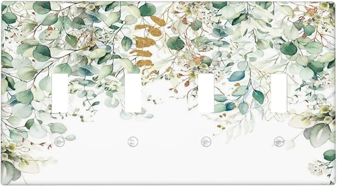 Gold Green Eucalyptus Leaves Plants Flowers Floral Light Switch Covers Quad Toggle Electrical Faceplate 4 Gang Wall Plate Decorative Switch Plates Cover for Bedroom Living Room Decor
