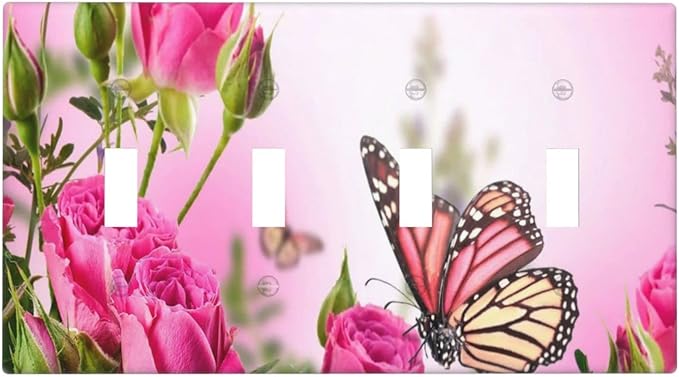 Pink Rose Butterfly Flower 4 Gang Light Switch Cover Decorative Quad Toggle Wall Plate Decorative Electrical Faceplate for Spring Butterfly Floral Kitchen Home Barn Farmhouse Decorate Large 8" x 4.5