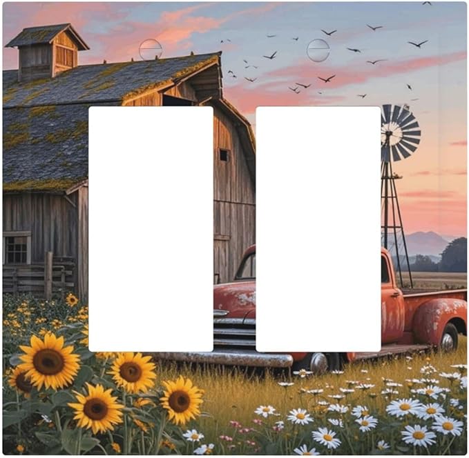 Rustic Barn Red Truck Windmill Sunflower Decorative Outlet Covers 2 Gang Double GFCI Rocker Electrical Wall Panels Light Switch Cover Plate for Farmhouse Home Decor
