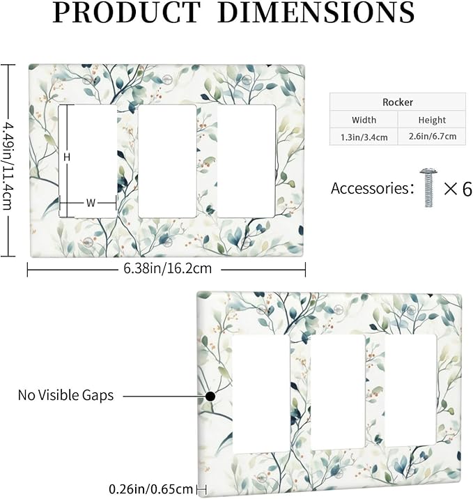 Watercolor Floral Green Leaves Triple Rocker Light Switch Cover Green Botanical Flowers 3 Gang Rocker Switchplates Wall Plate Decorative Faceplate for Bedroom Kitchen Living Room Decor