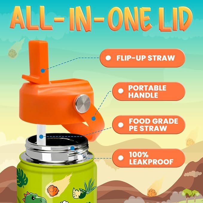 Dinosaur Water Bottle - Water Bottle with Straw Lid for Kids - 12 Oz Insulated Stainless Steel T-Rex Bottles for Kid Boys - Travel Cup for School Sports