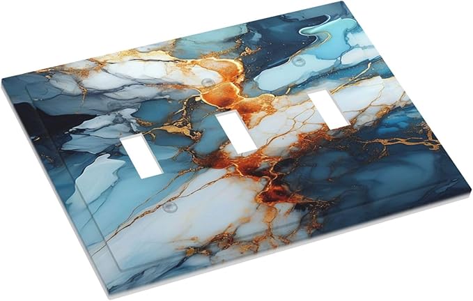 Light Switch Cover Plate Golden Abstract Luxury Marble 3 Gang Triple Toggle Decorative Switch Plates Wall Plates Electrical Switchplate Faceplate for Livingroom Bathroom Decor