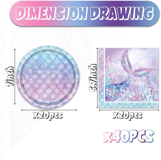 40pcs Mermaid Themed Party Supplies Under the Sea Mermaid Birthday Party Decorations Ocean Party Tableware Set for Girls Baby Shower