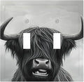 Highland Cow Black & White Portrait Double Toggle Switch Cover - 2-Gang Standard US Size Playful Farm Animal Light Switch Covers for Living Room Decor