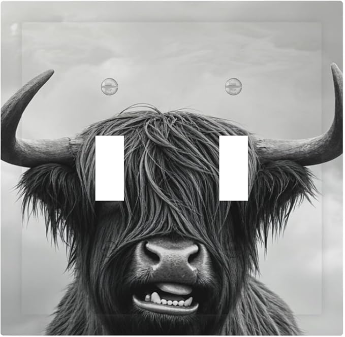 Highland Cow Black & White Portrait Double Toggle Switch Cover - 2-Gang Standard US Size Playful Farm Animal Light Switch Covers for Living Room Decor