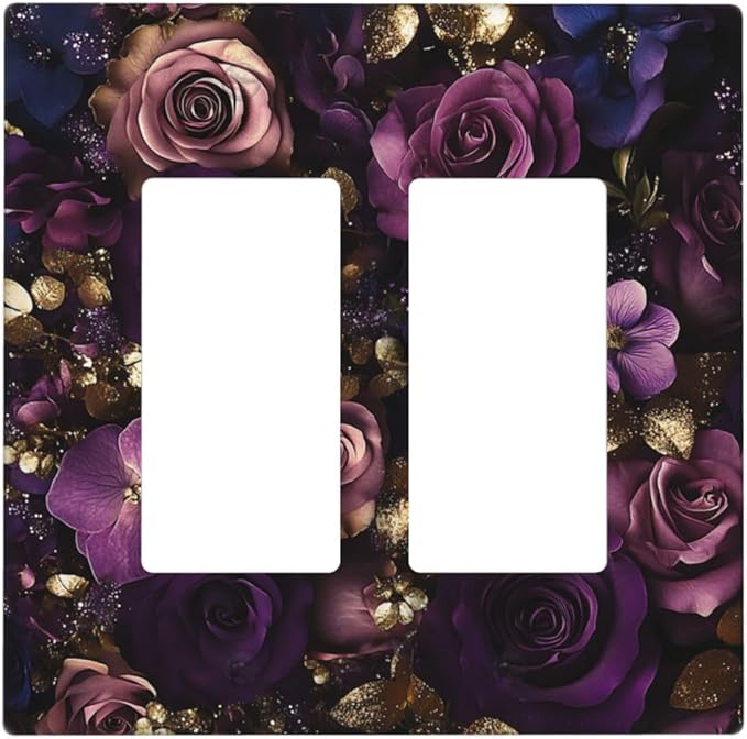 Decorative Outlet Covers with Luxurious Purple Roses Gold Accents Leaves Design 2 Gang Wall Plate Double Rocker Light Switch Cover Switch Plate Cover for Romantic Bedroom/Living Room Decor
