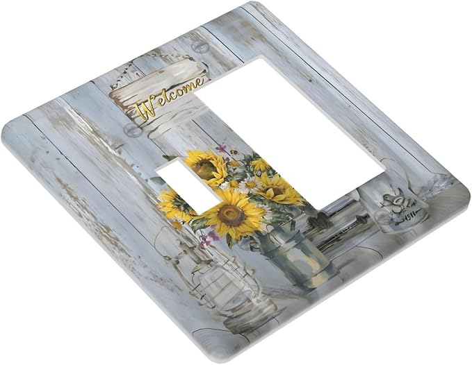 Rustic Sunflower Floral Vintage Wood Board Outlet Covers 1 Toggle 1 Rocker Combination Decorative Wall Plate Electrical Switch Plates Light Switch Cover Plate for Farmhouse Home Decor