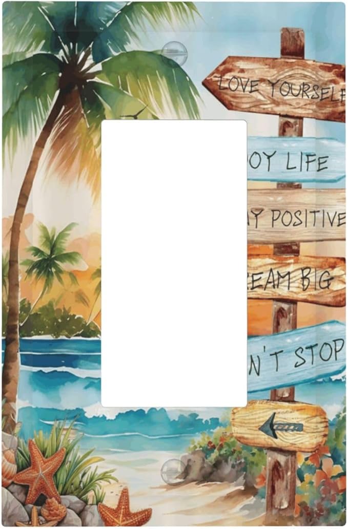 Tropical Beach Palm Tree Summer Coastal Ocean Sunset Decorative Outlet Covers 1 Gang Single Rocker Light Switch Cover Plate Wall Plates GFCI Faceplate for Bedroom Living Room Decor