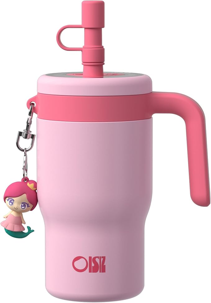 OISIZ 14oz Kids Tumbler with Straw Lid & Handle,Kids Cup with Animal Accessory for School,Kids Water Bottles with Dust-proof Cover,Leakproof Water Bottles,316 Stainless Steel,Keep Cold 24 Hours-pink