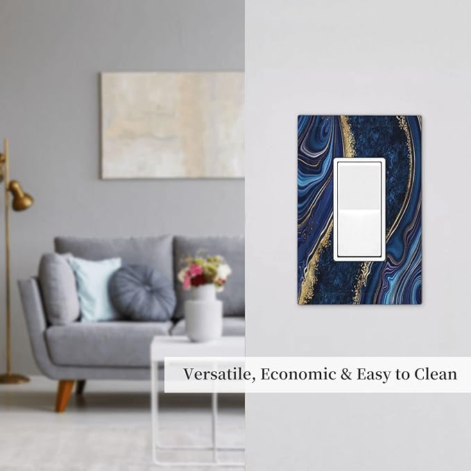 Navy Marble 1 Gang Rocker/Decora Outlet Light Switch Wall Plate Cover Faceplate Dark Blue Abstract Gold Decorative Royal Modern Standard Boys Bathroom Grey Luxury Bedroom Decorate
