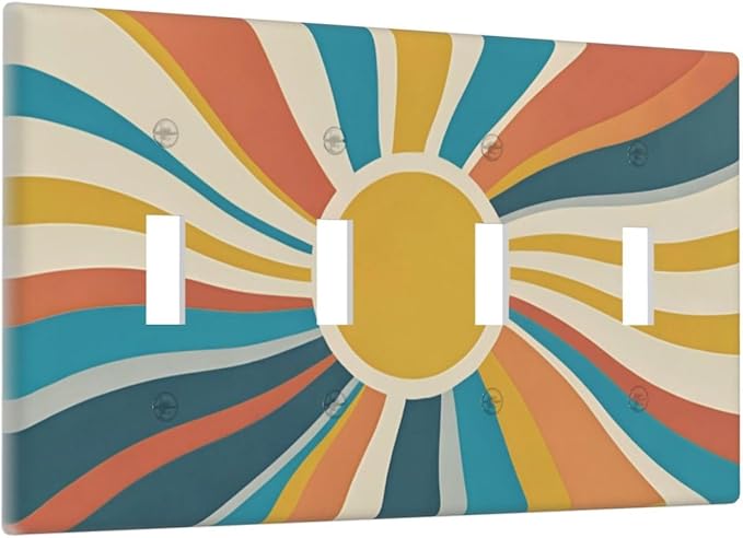 Decorative Switch Plate Cover with Retro Mid-Century Modern Sunburst Motif Design 4 Gang Artistic Wall Plate Unique Quad Toggle Light Switch Covers for Abstract Teal/Yellow/Orange Wall Decor