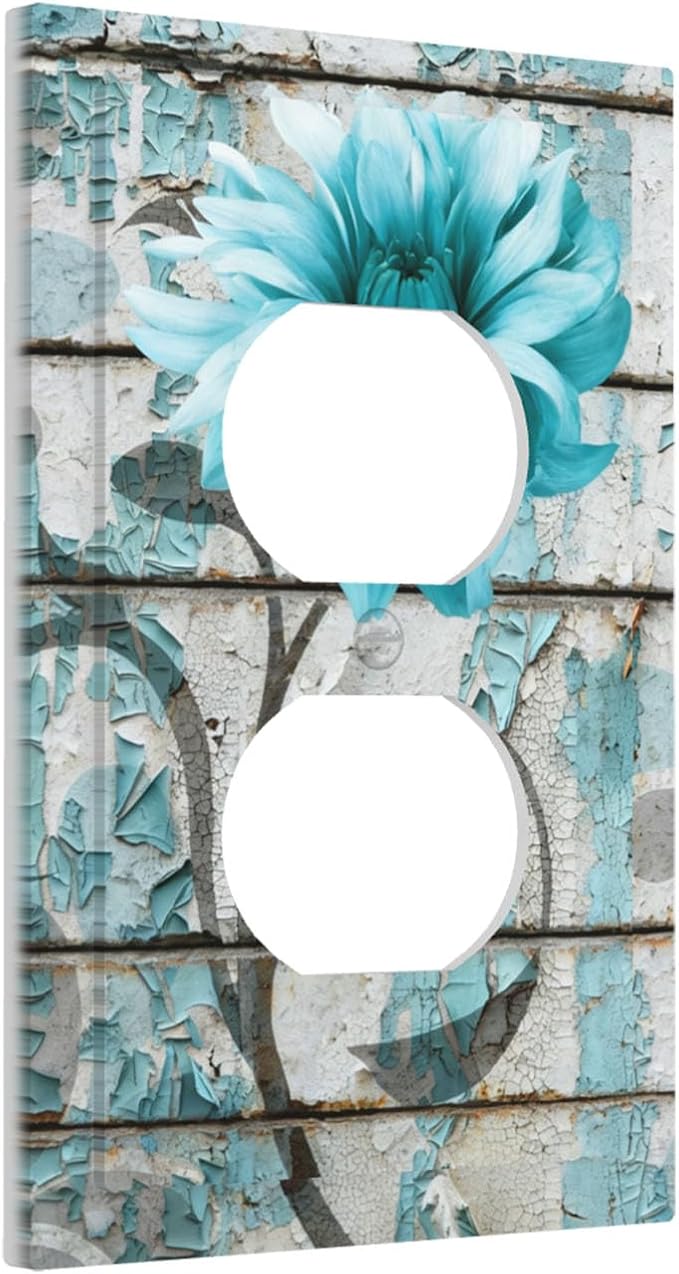 Vintage Floral Duplex Wall Plate - 1-Gang Standard US Size Rustic Farmhouse Teal Flower Distressed Brick Outlet Covers for Bedroom Bathroom Decor