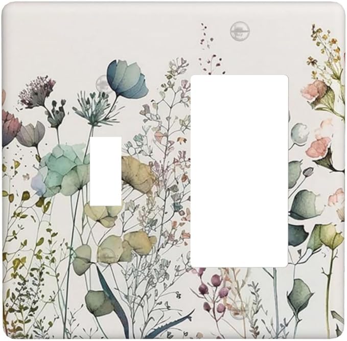 Tan/Beige Rustic Spring Blue Flower 2 Gang Combination Single Toggle/Decorator Wall Plate Boho Floral Border Bouquet Combo 1-Toggle 1-GFCI/Rocker Outlet Light Switch Dimmer Receptacle Faceplate Cover