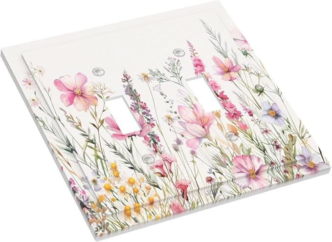 Pink Floral Wild Flowers Watercolor Plants Decorative Switch Plates 2 Gang Double Toggle Outlet Light Switch Cover Wall Plate Electrical Faceplate for Bedroom Living Room Decor