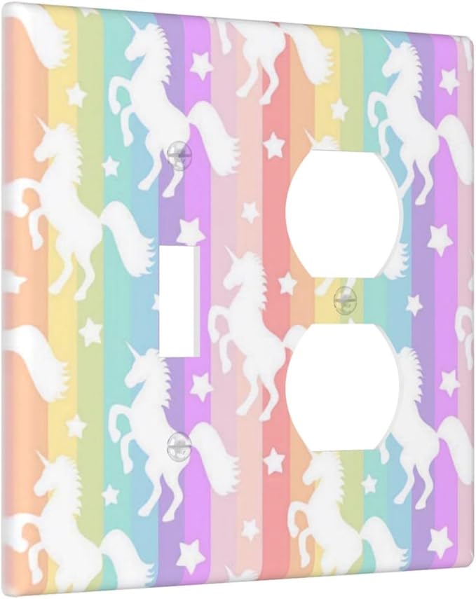 Cute Stars Colorful Rainbow Unicorn Light Switch Cover 2 Gang Combination Wall Plate 1 Toggle 1 Receptacle Duplex Switch Plate Funny Cartoon Kids Girl Bedroom Nursery Decor Combo Device Outlet Cover