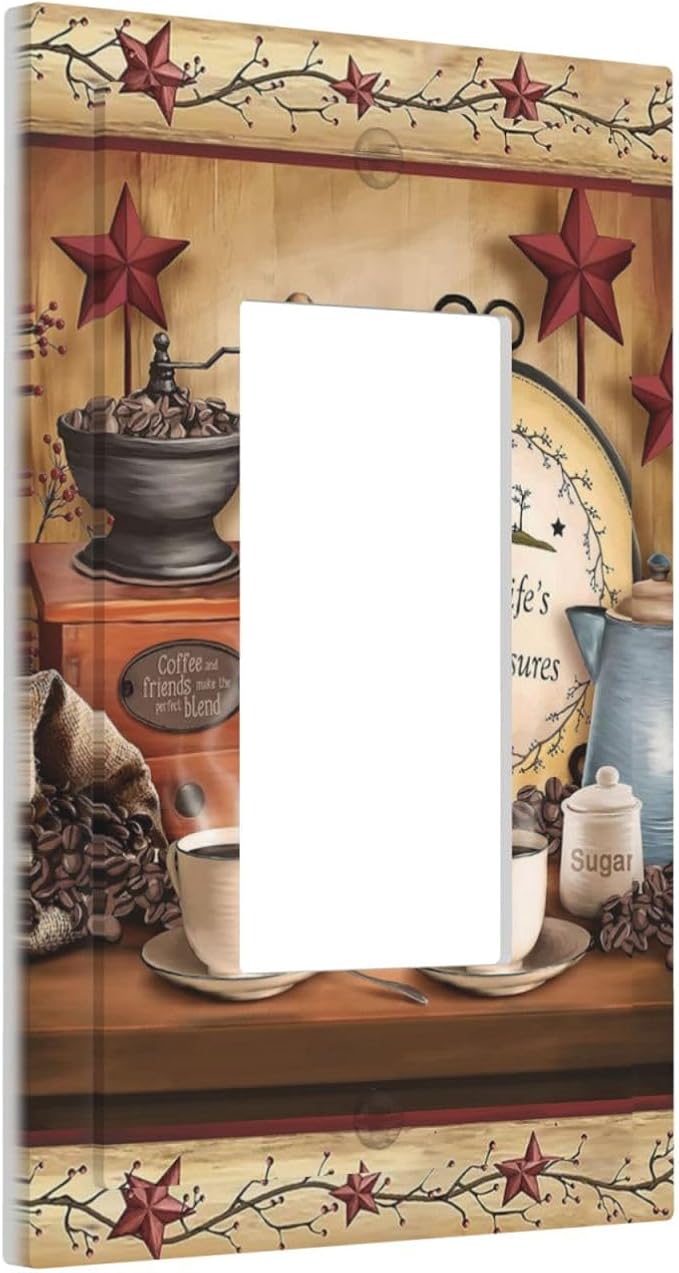 Country Life Coffee Beans Texas Star Bar Clock 1-Gang Decorator Rocker Outlet Light Switch Cover Dining Room Kitchen Cafe Cup Decorative Single Device GFCI Receptacle Switch Wall Plate Dimmer Mid Size