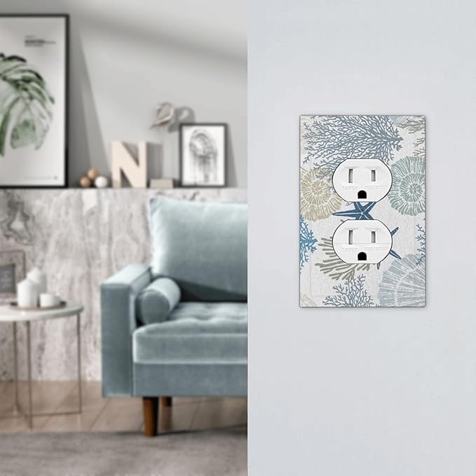 1 Gang Single Duplex Receptacle Outlet Cover Nautical Anchor Teal Blue Beach Coastal Ocean Starfish Coral Seashell Electrical Wall Plate One Gang Dual Device Light Switch Faceplate Socket Plug Cover