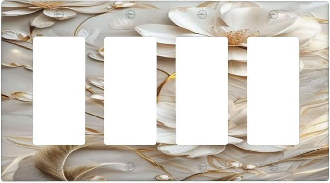 Decorative Art Light Switch Covers Elegant White and Gold Florals 4 Gang Rocker Decora Outlet Covers Electrical Faceplate GFCI Wall Plate for Home Decor
