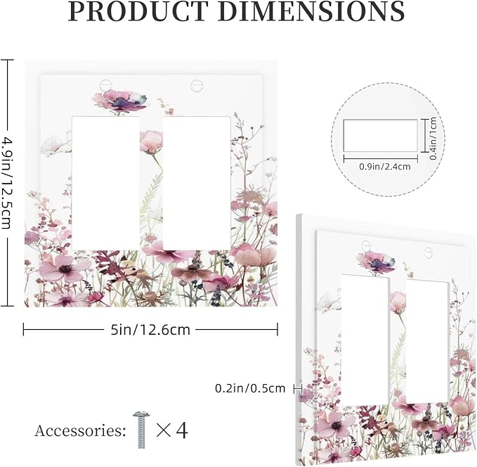 Floral Pink Watercolor Wildflowers Plant Flower Decorative Outlet Covers 2 Gang Double GFCI Rocker Electrical Wall Panels Light Switch Cover Plate for Bedroom Living Room Decor