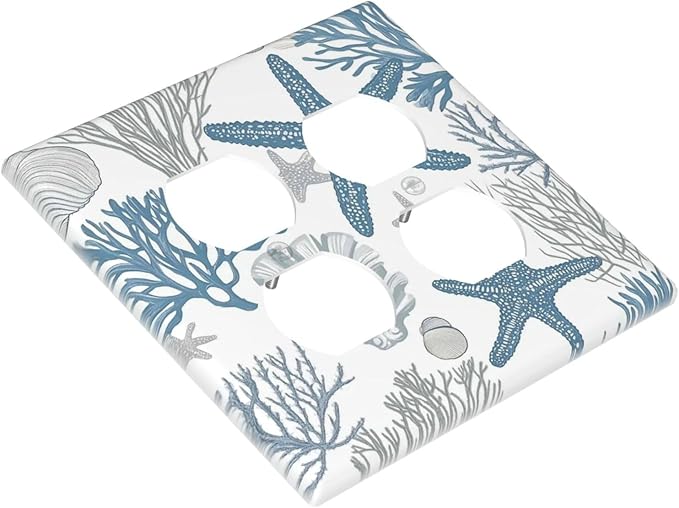 Blue Starfish Nautical Beach Conch Coastal Coral Shell Outlet Covers 2 Gang Double Duplex Decorative Light Switch Covers Electrical Wallplates Socket Faceplate For Kids Room Bathroom Decor