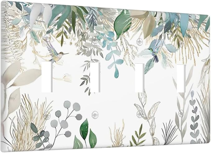 Green Tropical Palm Leaves Flower Plants Hummingbird Light Switch Covers Quad Toggle Electrical Faceplate 4 Gang Wall Plate Decorative Switch Plates for Bed Room Living Room Decor