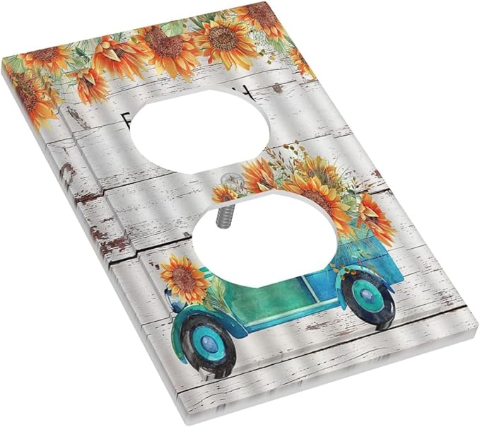 Decorative Outlet Covers Teal Farm Truck Pulling Sunflowers 1 Gang Wall Plate Receptacle Duplex Light Switch Cover Plate Single Dual Plug Covers Electrical Switchplate Faceplate