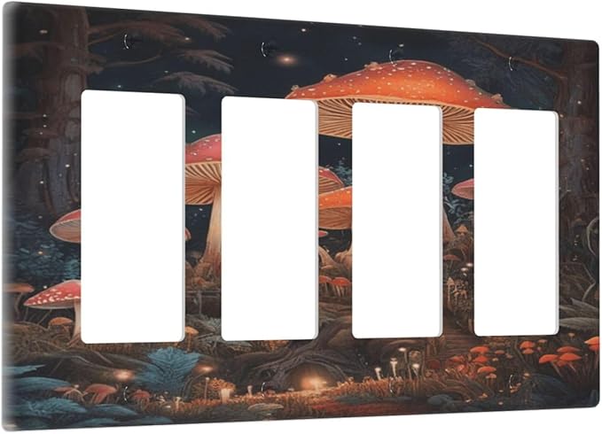 Decorative Art Light Switch Covers Enchanted Mushroom Forest 4 Gang Rocker Decora Outlet Covers Electrical Faceplate GFCI Wall Plate for Home Decor