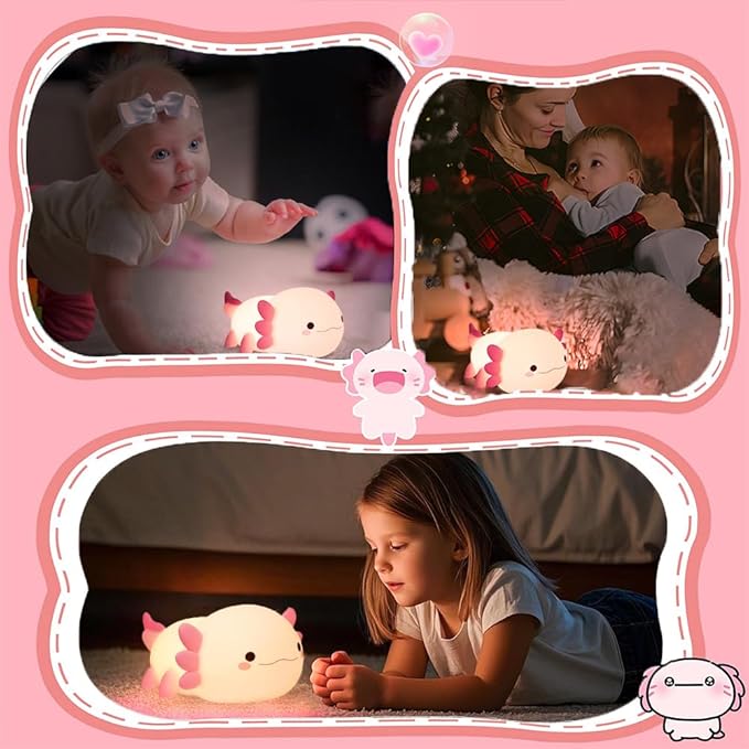 Cute Axolotl Night Light for Kids Bedroom, Animal Silicone Nursery Night Lamp Touch Control Nightlights USB Rechargeable Bedside Lamp for Baby Children Toddlers Girls Gift (Pink Axolotl+1)