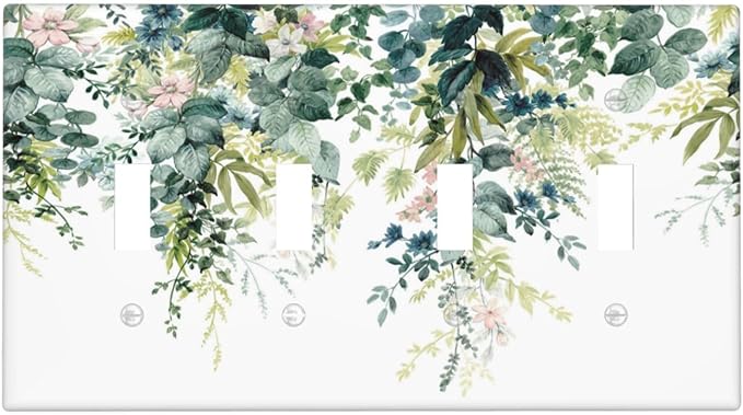 Colorful Plant Flower Sage Eucalyptus Leaves Light Switch Covers Quad Toggle Electrical Faceplate 4 Gang Wall Plate Decorative Switch Plates Cover for Bedroom Living Room Decor