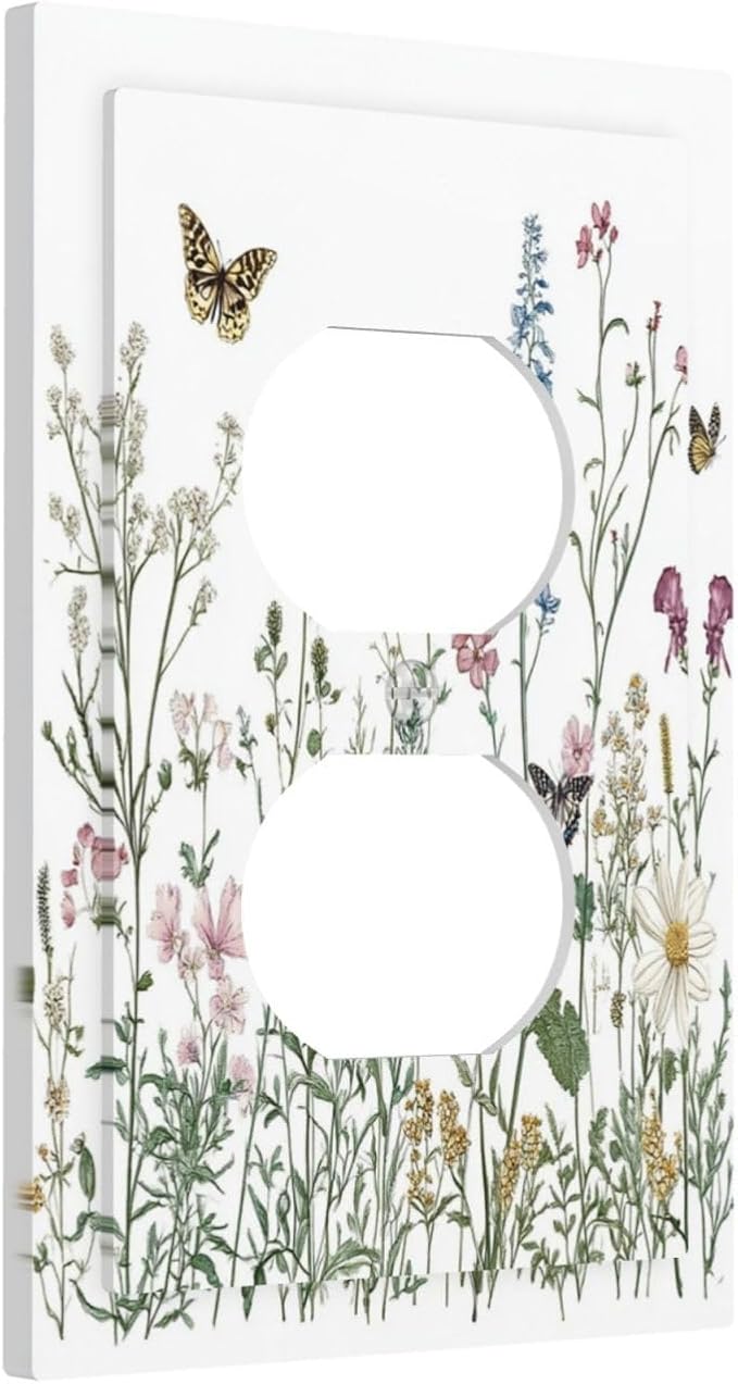 Outlet Covers Rustic Wildflowers Butterfly Colorful Floral 1 Gang Duplex Light Switch Cover Decorative Switch Plates Electrical Receptacle Faceplate Wall Plate For Bed Room Living Room