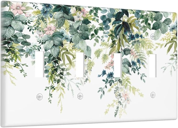 Colorful Plant Flower Sage Eucalyptus Leaves Light Switch Covers Quad Toggle Electrical Faceplate 4 Gang Wall Plate Decorative Switch Plates Cover for Bedroom Living Room Decor