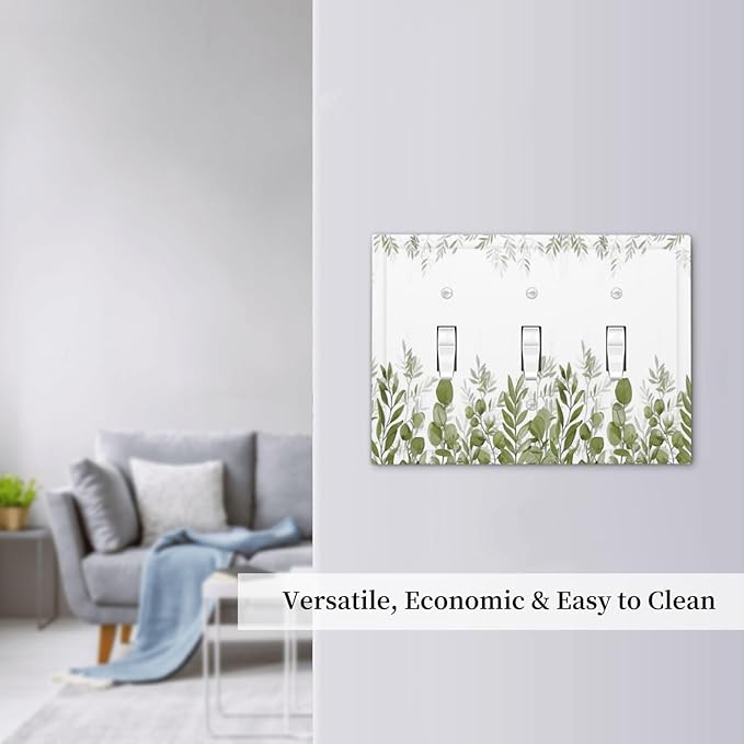 Green Eucalyptus Plant Leaves Vine Decorative Switch Plates 3 Gang Wall Plate Triple Toggle Light Switch Cover Faceplate Electrical Wall Panels for Bed Room Living Room Decor