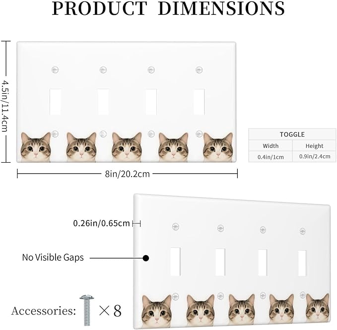 Cat Quad Toggle Wall Plate Decorative 4 Gang Light Switch Covers Electrical Switchplate Home Decorate Faceplat for Bathroom Bedroom Kitchen Room 4.5 x 8 Inch