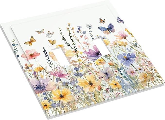 Wildflowers Colorful Flower Butterfly Floral Decorative Switch Plates 2 Gang Double Toggle Outlet Light Switch Cover Wall Plate Electrical Faceplate for Farmhouse Bedroom Decor