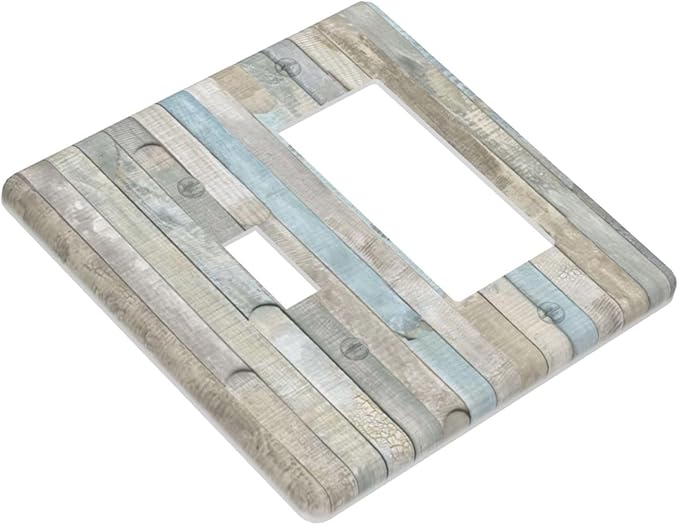 Country Rustic Teal Blue White Wood Plank Grain 2 Gang 1-Toggle 1-Rocker/Gfci Combination Light Switch Cover Kitchen Barn Wooden Decorative Combo Device Single Decorator/Toggle Outlet Wall Plate Cover