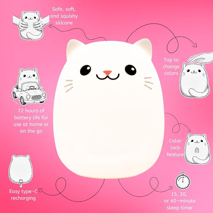Lumipets Clive The Cat Squishy Silicone Night Light for Kids | Cute Night Light with Remote & Touch Control for Baby & Toddler Bedrooms | Color Changing Portable Animal Nightlight | Kids Mood Lamp