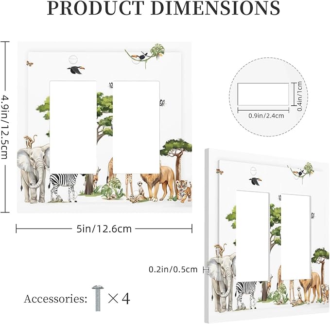Large Animals Elephant Giraffe Jungle Lion Leopard Zebra Decorative Outlet Covers 2 Gang Double GFCI Rocker Electrical Wall Panels Light Switch Cover Plate for Kids Room Nursery Decor