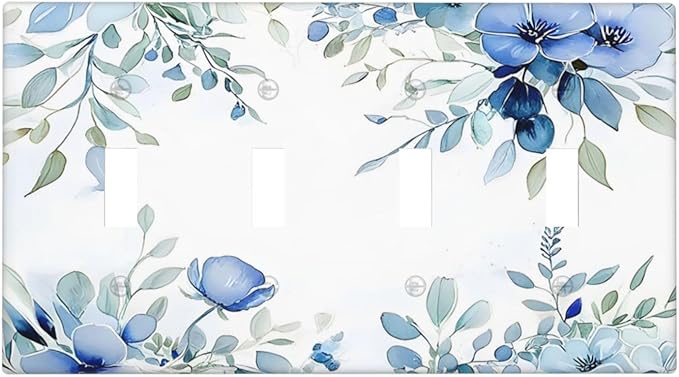 Watercolor Blue Flower Plant Floral Green Leaves Light Switch Covers Quad Toggle Electrical Faceplate 4 Gang Wall Plate Decorative Switch Plates for Bedroom Living Room Decor