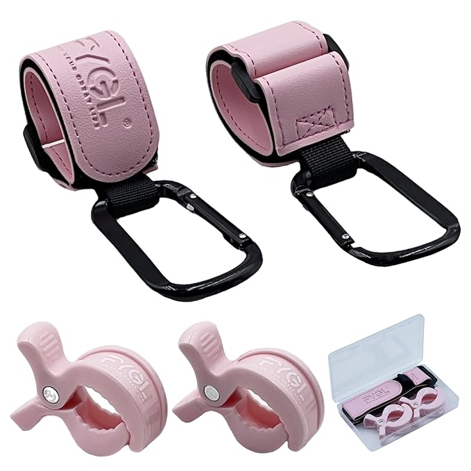 4-Pack Stroller Organizer: 2 Universal Pram Clips with 2 Stroller Hooks | Convenient Travel & Shopping Essentials for Baby Carriage - Light Pink