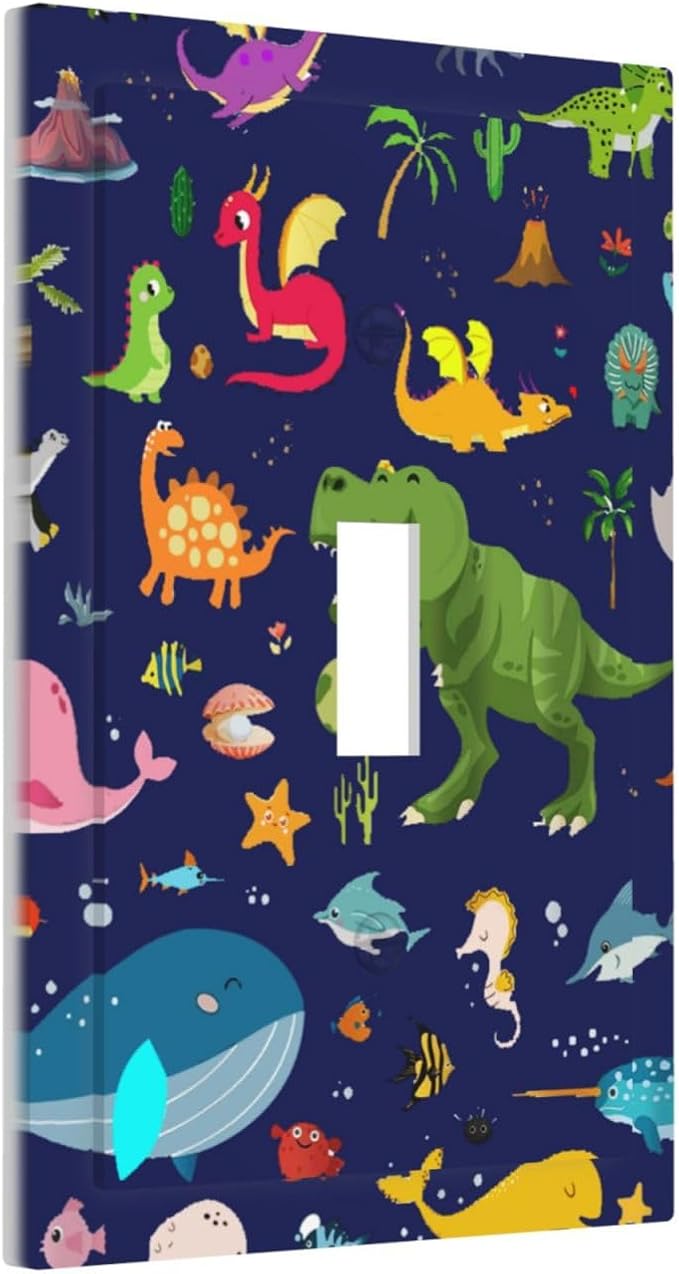 Cartoon Funny Cool Blue/Green Dinosaur Decorative Light Switch Cover 1-Gang Ocean Dolphin Safari Animal Boys Kids Single Toggle Wall Plate Electrical Device Outlet Switch Faceplate Cover Jumbo Size