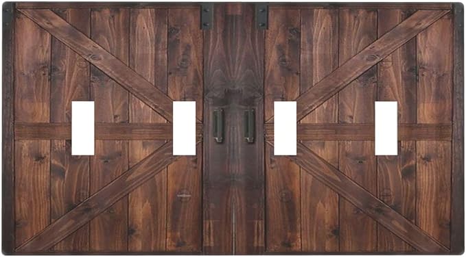 Rustic Barn Doors Vintage Brown Wood Plank Print Light Switch Covers Quad Toggle Electrical Faceplate 4 Gang Wall Plate Decorative Switch Plates Cover for Farmhouse Home Decor