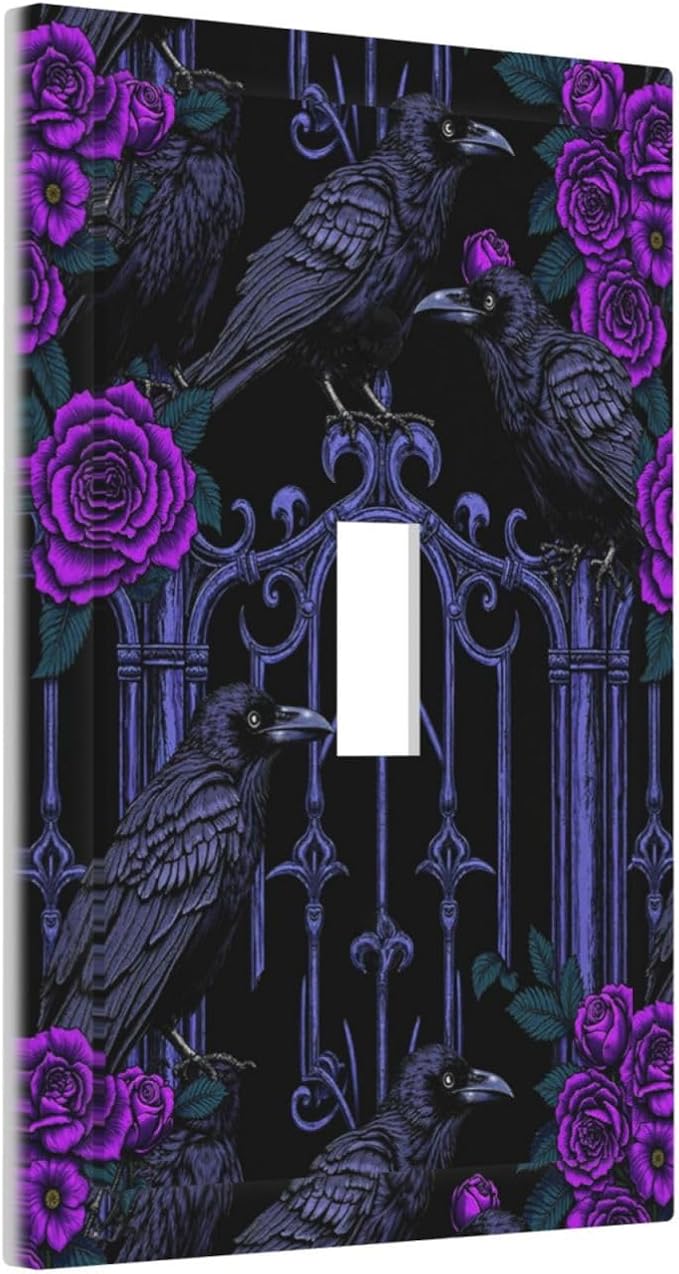 Decorative Light Switch Cover Gothic Style Crow Purple Flowers 1 Gang Single Toggle Decorator Outlet Wall Plate Device Electrical Faceplate Switchplates for Bedroom living Room Decor