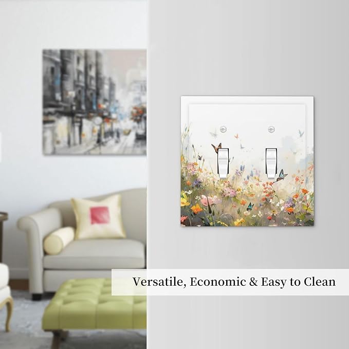 Wildflowers Watercolor Floral Colorful Butterfly Decorative Switch Plates 2 Gang Double Toggle Outlet Light Switch Cover Wall Plate Electrical Faceplate for Farmhouse Bed Room Decor