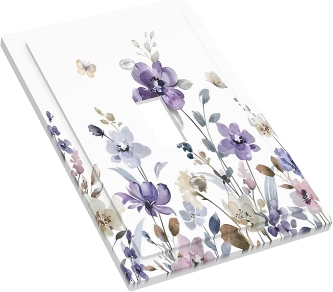 Purple Watercolor Flower Floral Butterfly Decorative Light Switch Cover 1 Gang Single Toggle Device Electrical Faceplate Switchplates Decorator Outlet Wall Plate for Bedroom Living Room Decor