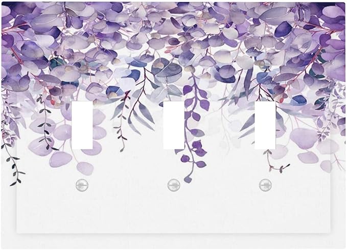 Purple Plants Leaves Eucalyptus Vine Floral Flowers Decorative Switch Plates 3 Gang Wall Plate Triple Toggle Light Switch Cover Faceplate Electrical Wall Panels for Bedroom Living Room Decor