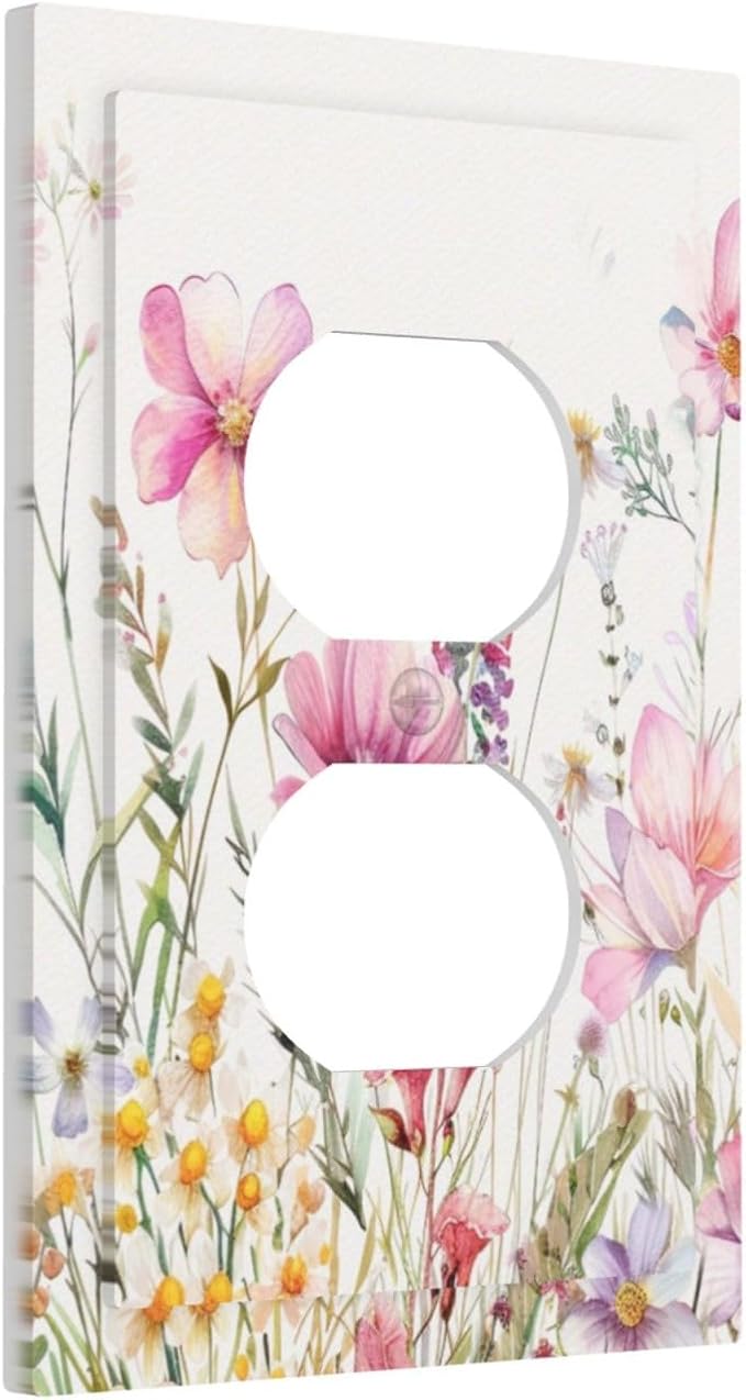Pink Floral Wild Flowers Watercolor Plants Outlet Covers 1 Gang Duplex Light Switch Cover Decorative Switch Plates Electrical Receptacle Faceplate Wall Plate for Bedroom Living Room Decor