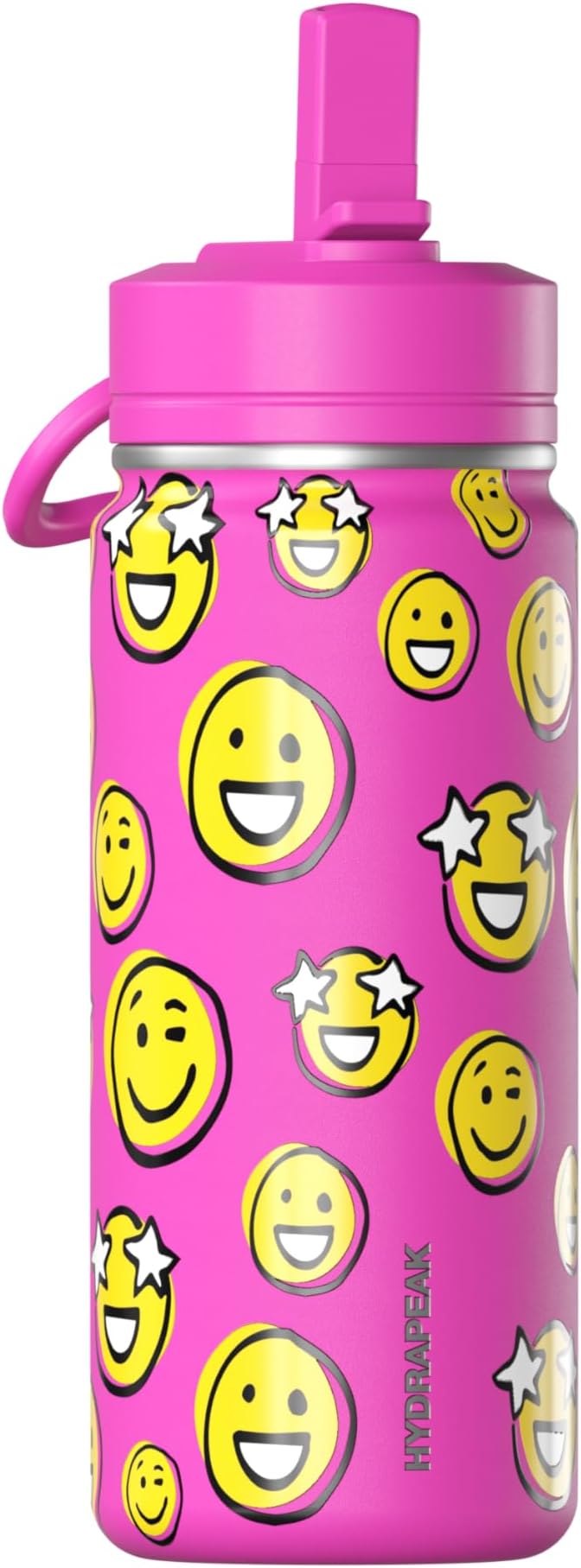 Hydrapeak Mini 20oz Fun Sticker Print Water Bottle with Straw Lid, Stainless Steel Double Wall Insulated Water Bottle, Leak-Proof and Spill-Proof Water Bottle, Smile Fuchsia